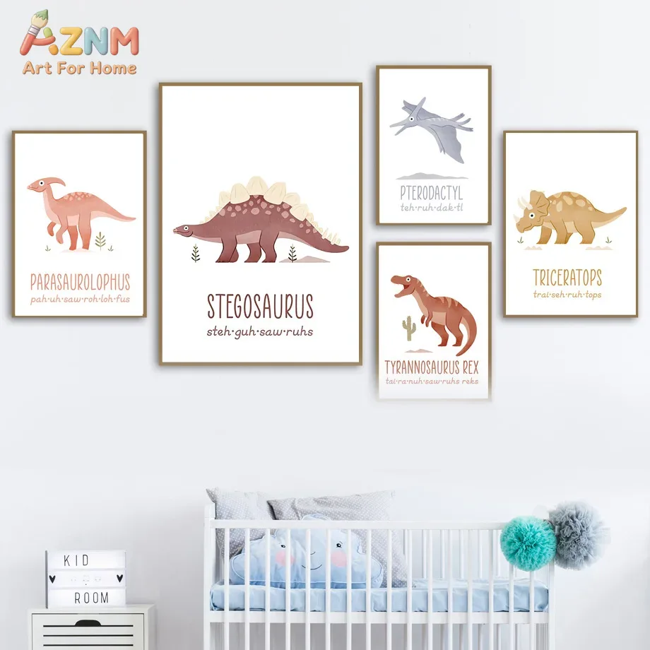 Kids Education Name - AZNM Sevimli Suluboya Dinozor Kanvas Duvar